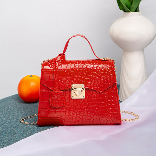 Crocodile Embossed Structured Bag - Red