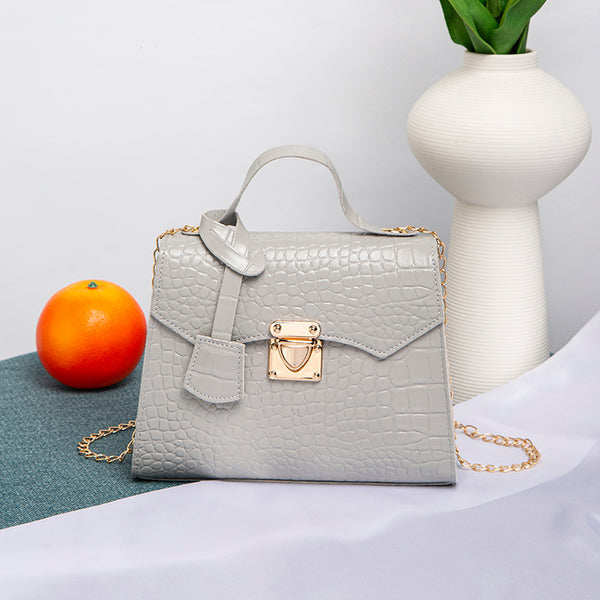 Crocodile Embossed Structured Bag - Grey