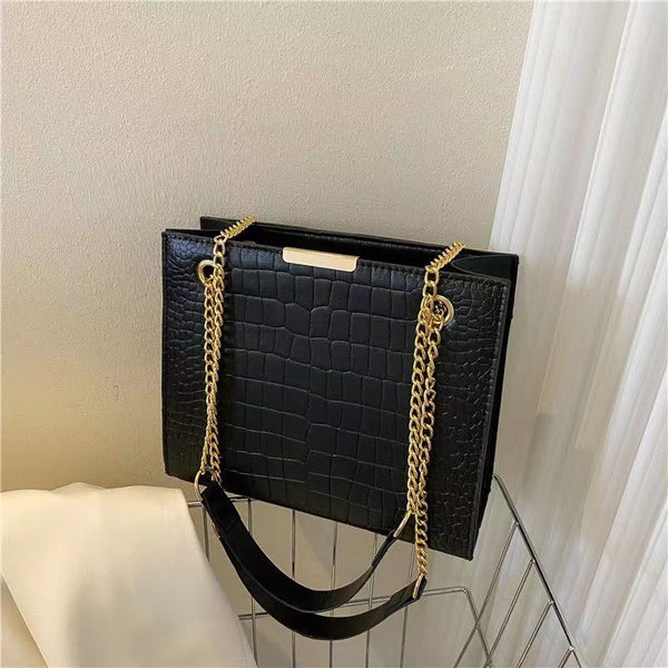 Crocodile Print Shoulder Bag - Black