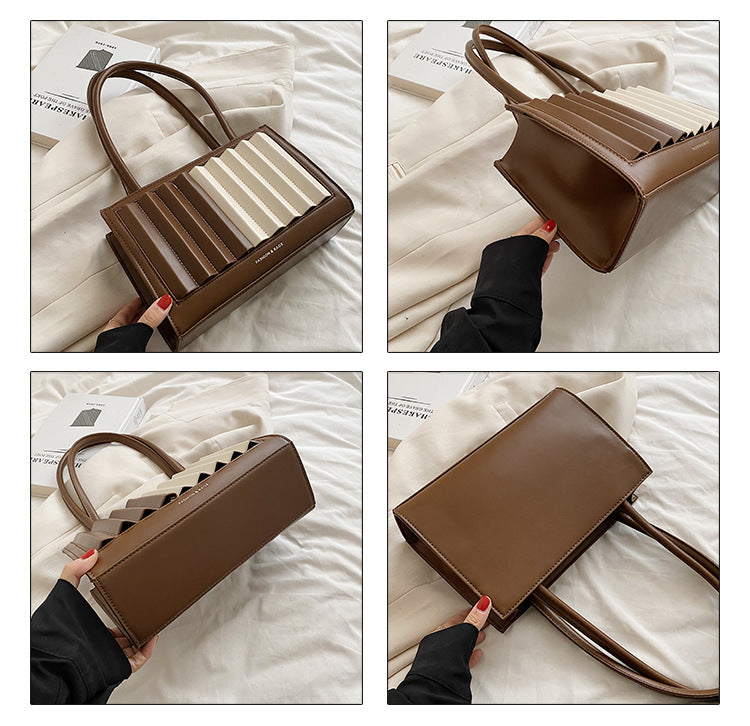 Colour Block Shoulder Bag - Cream & Dark Brown