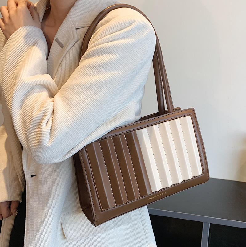 Colour Block Shoulder Bag - Cream & Dark Brown
